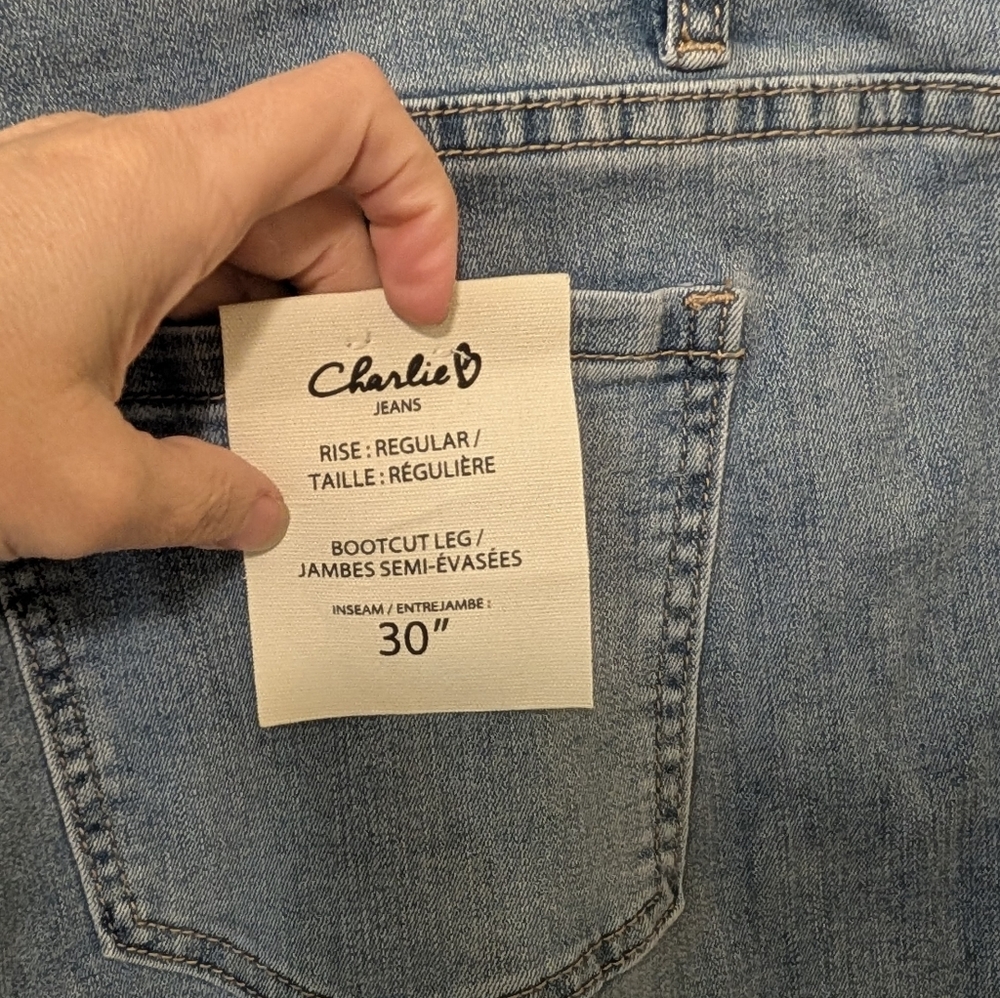 Charli B Bootcut Asymmetrical Raw Hem Light Blue Denim Jeans 30" Inseam Size 16 - Picture 8 of 10